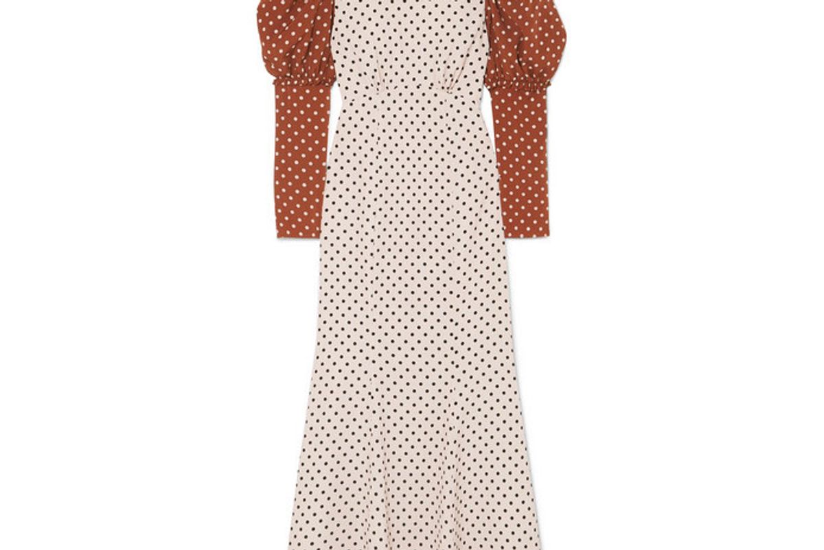 rejina pyo sibylle draped two tone polka dot crepe midi dress