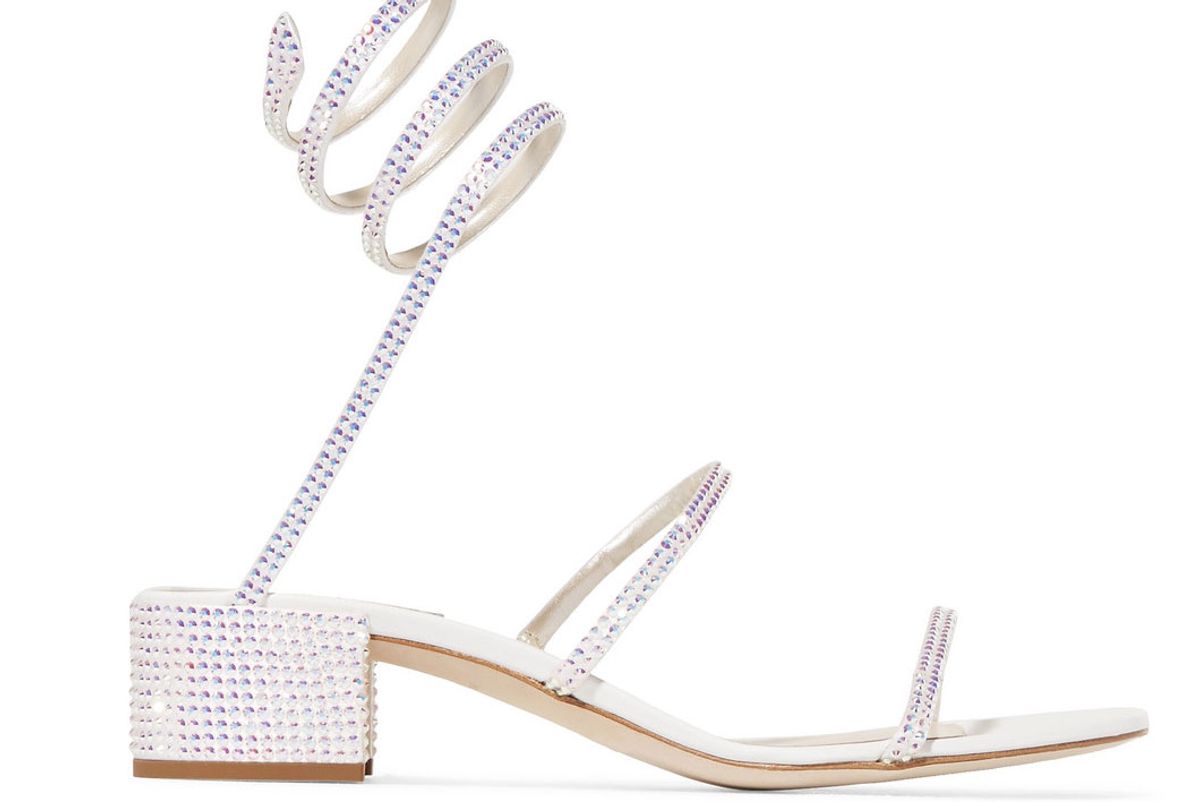 rene caovilla crystal embellished satin and leather sandals