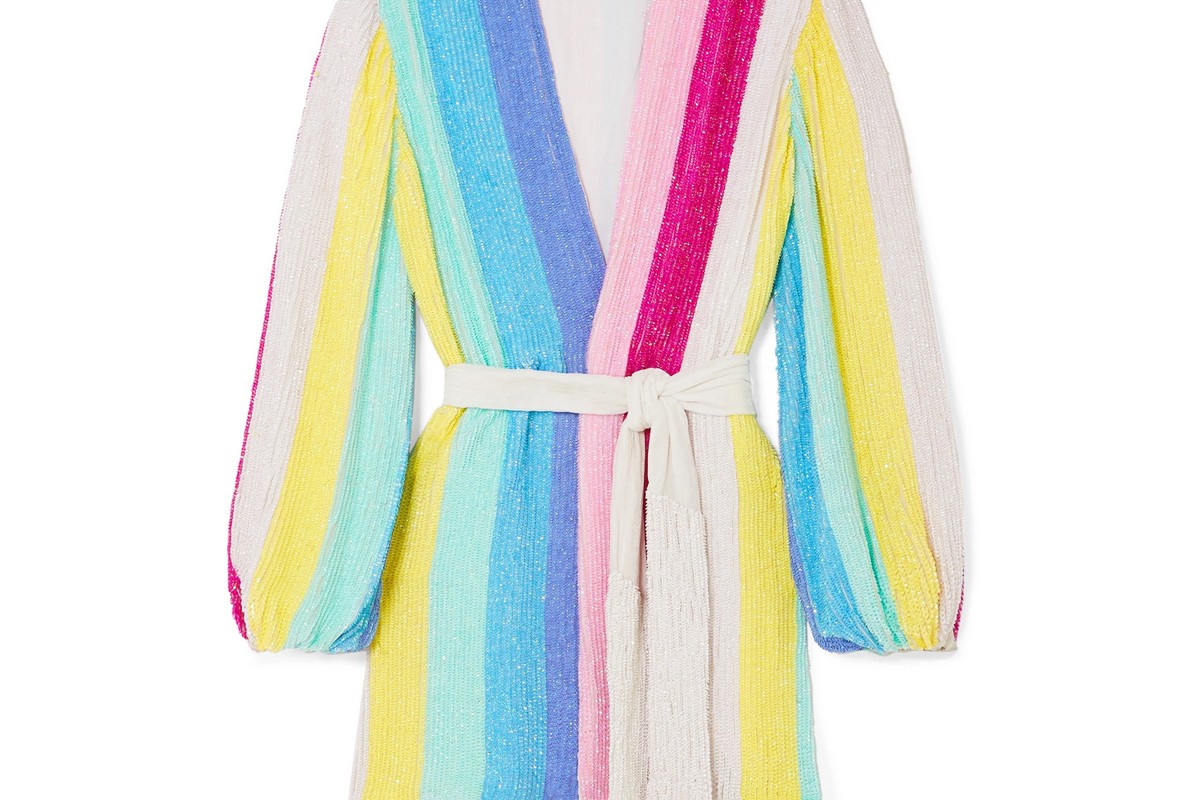 retrofete gabrielle striped velvet trimmed sequined chiffon mini wrap dress