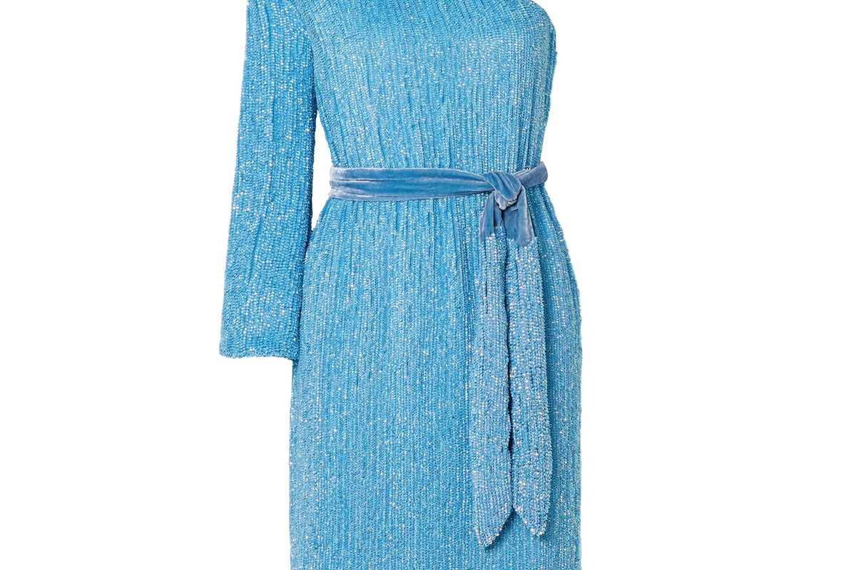 retrofete shy one shoulder velvet trimmed sequined chiffon dress