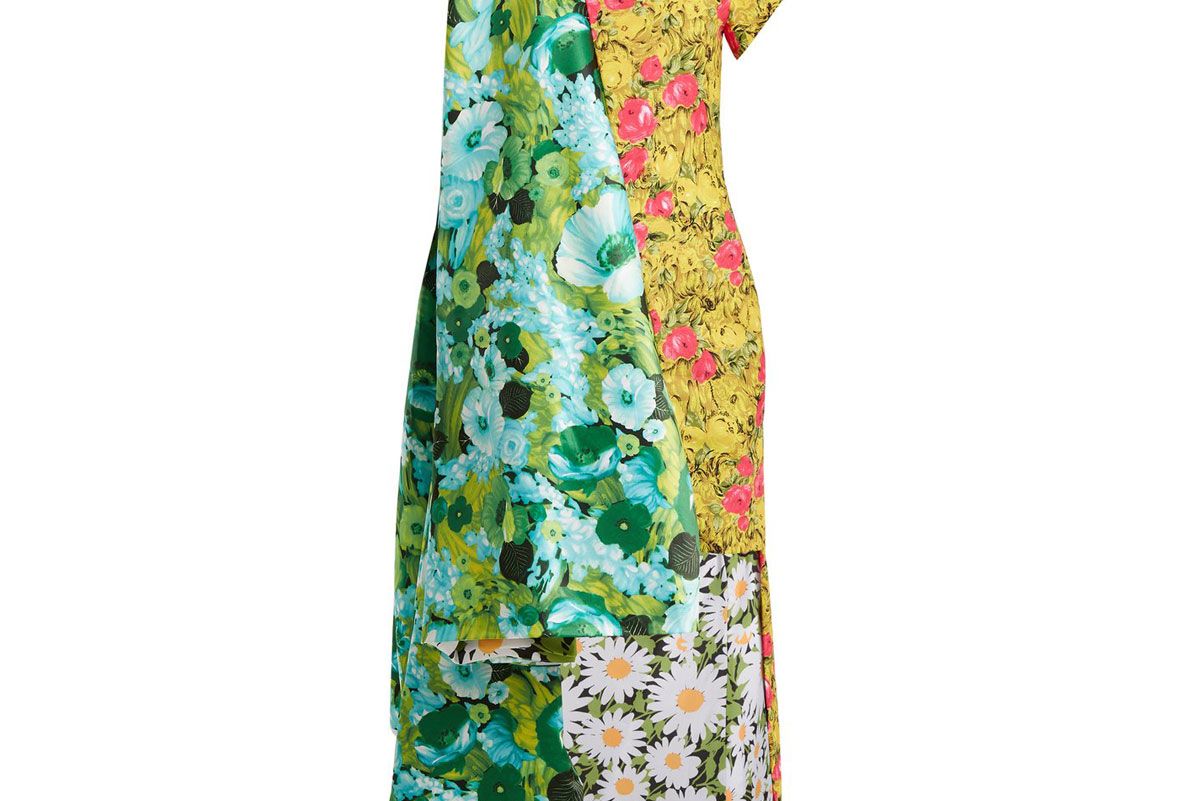 richard quinn contrast panel dip hem floral print satin dress