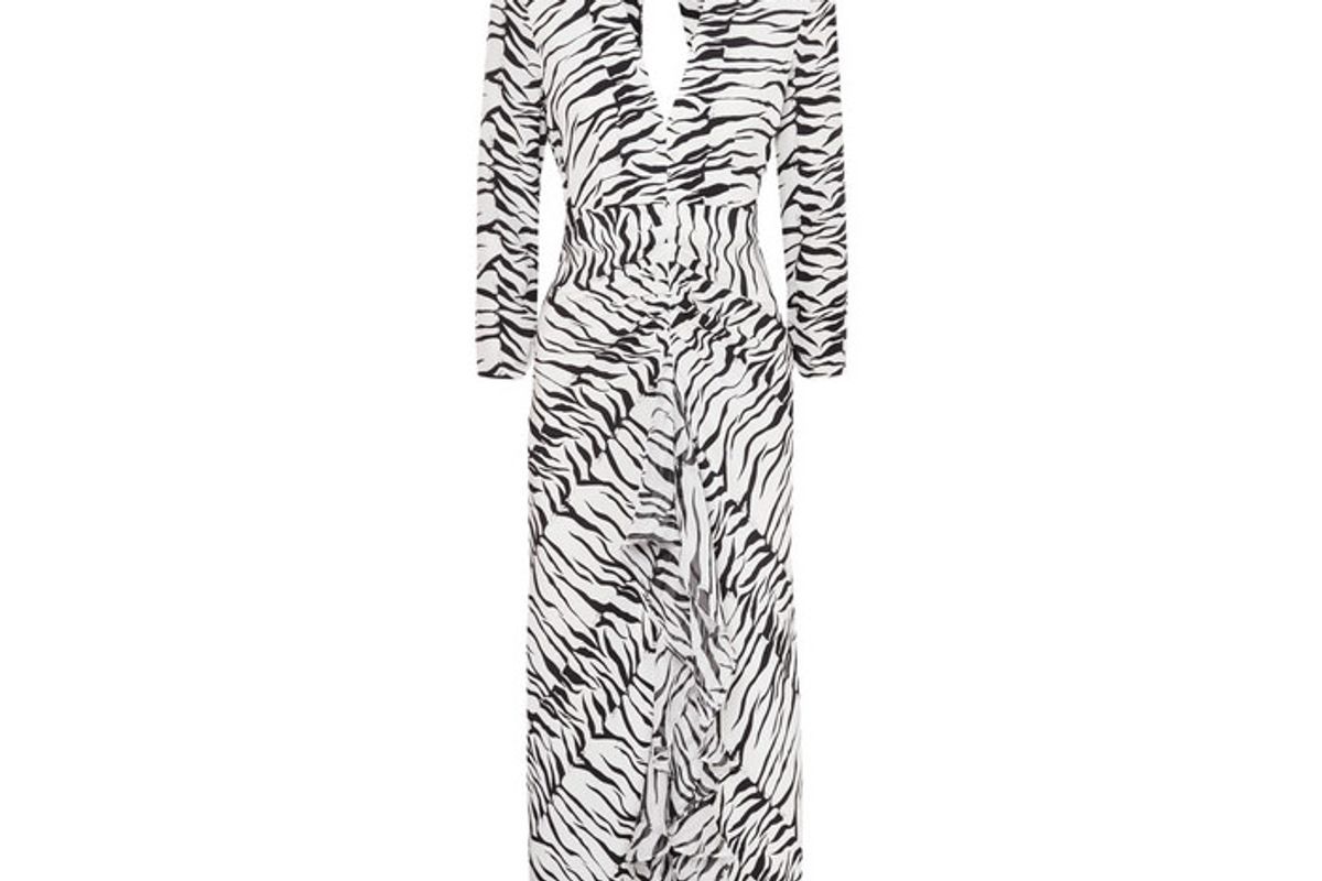 rixo rose open back ruffled animal print silk maxi dress