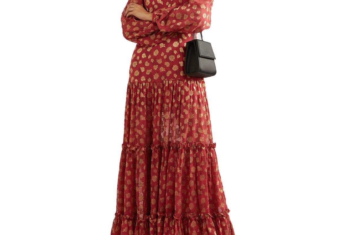 rixo tiered paisley print metallic fil coupe chiffon maxi dress