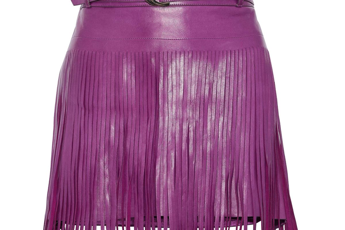 roberto cavalli belted fringed leather mini skirt