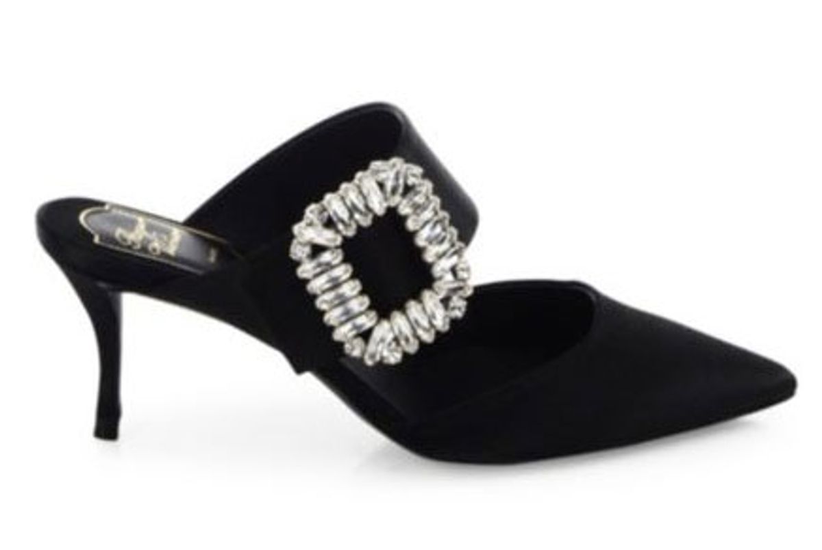 Crystal-Buckle Satin Mules