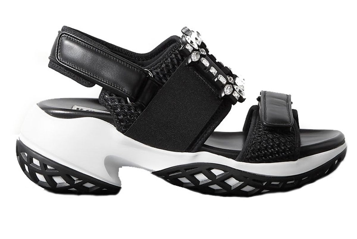 roger vivier viv run crystal embellished mesh and leather sandals