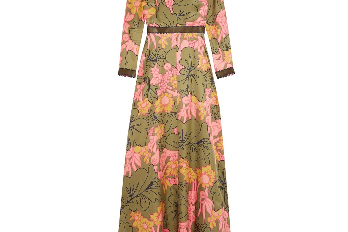 Kamanev Leather-Trimmed Floral-Print Silk-Twill Gown