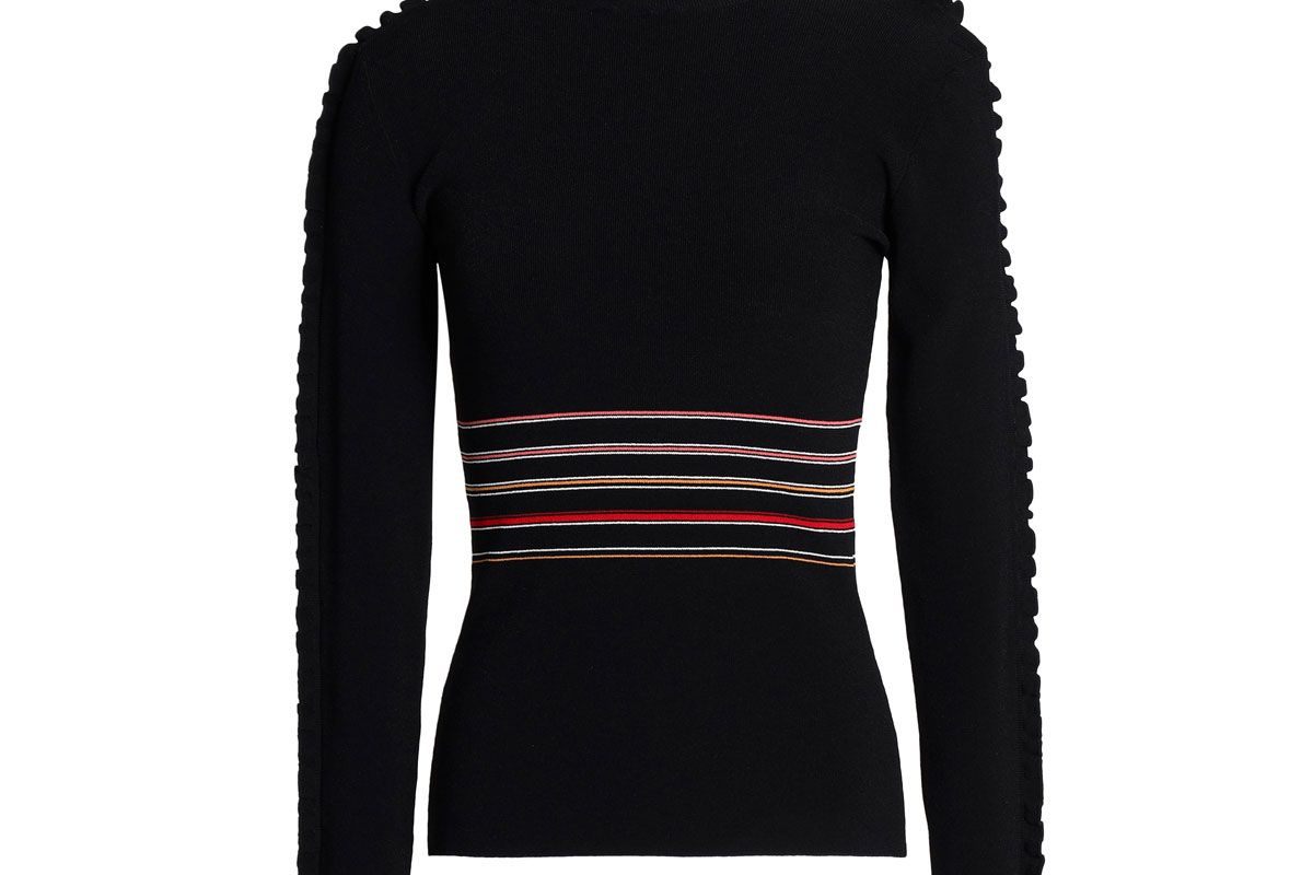 roksanda ruffle trimmed striped ribbed knit turtleneck sweater