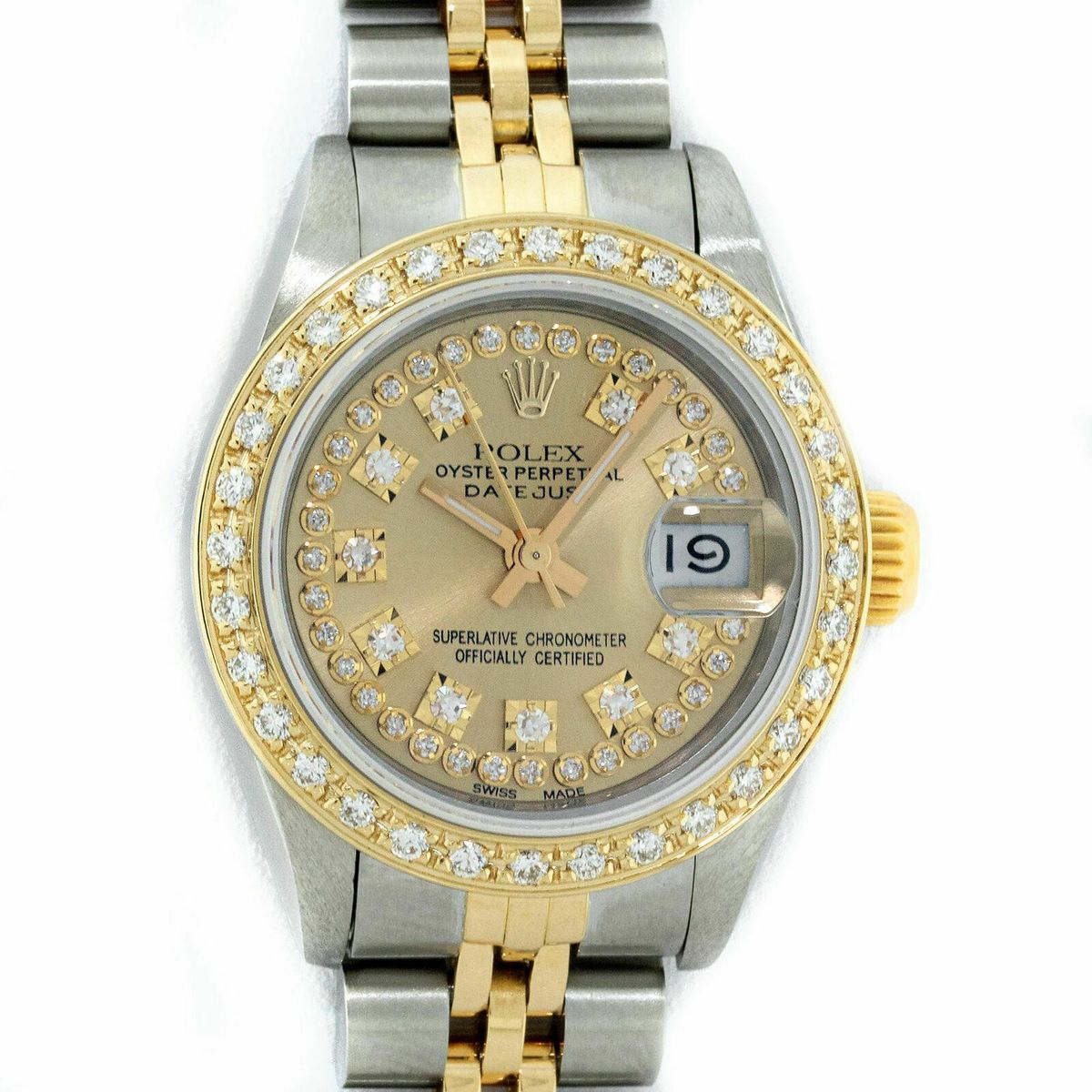 rolex datejust stainless steel and 18k yellow gold champagne diamond dial