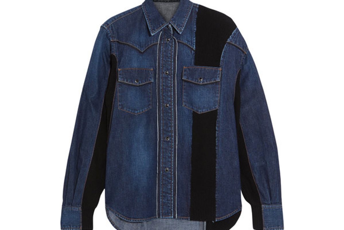 Ribbed Knit-paneled Denim Shirt