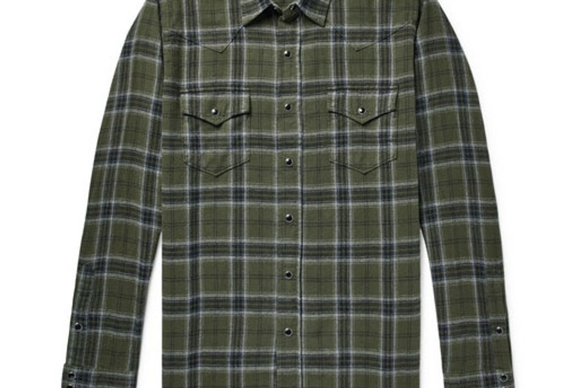 saint laurent distressed checked cotton flannel shirt