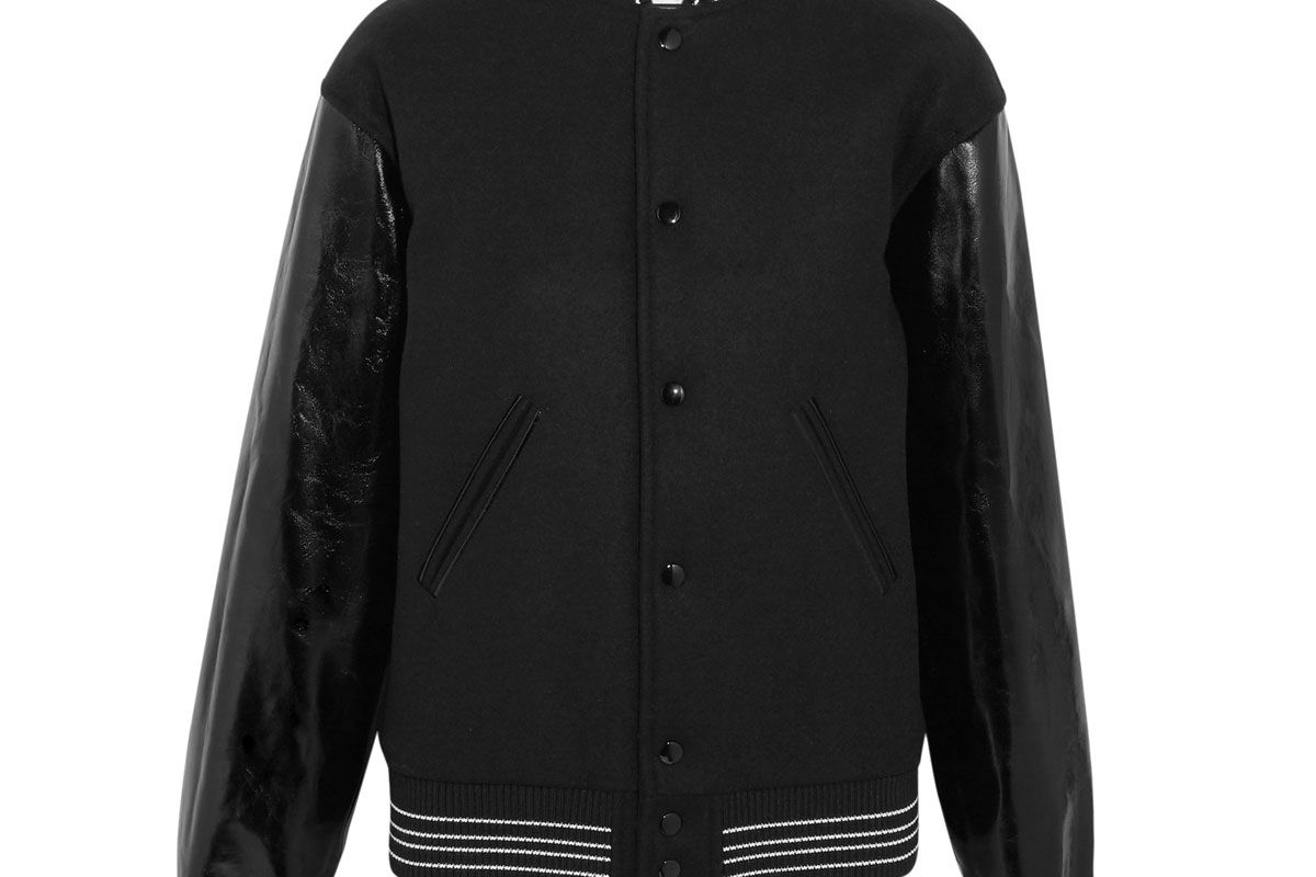 saint laurent glossed leather paneled wool blend felt bomber jacket