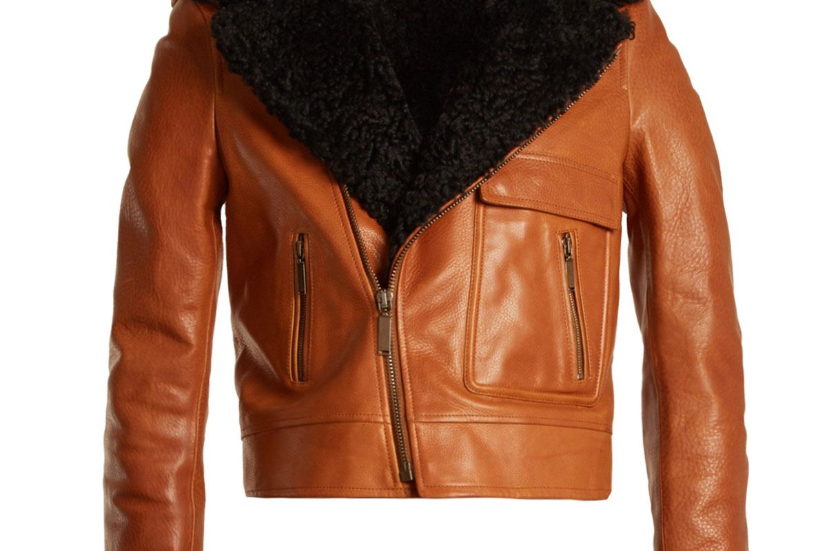 Shearling-Lapel Leather Biker Jacket