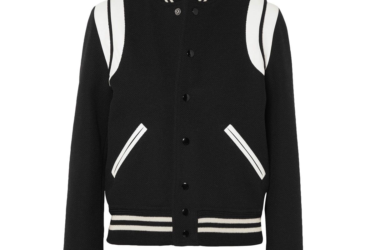 saint laurent teddy leather trimmed wool blend bomber jacket