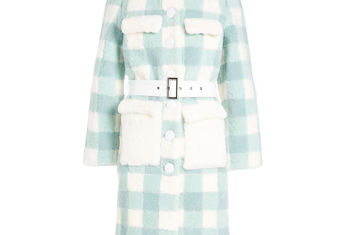 saks potts lunis mint checked fur skin coat with leather belt