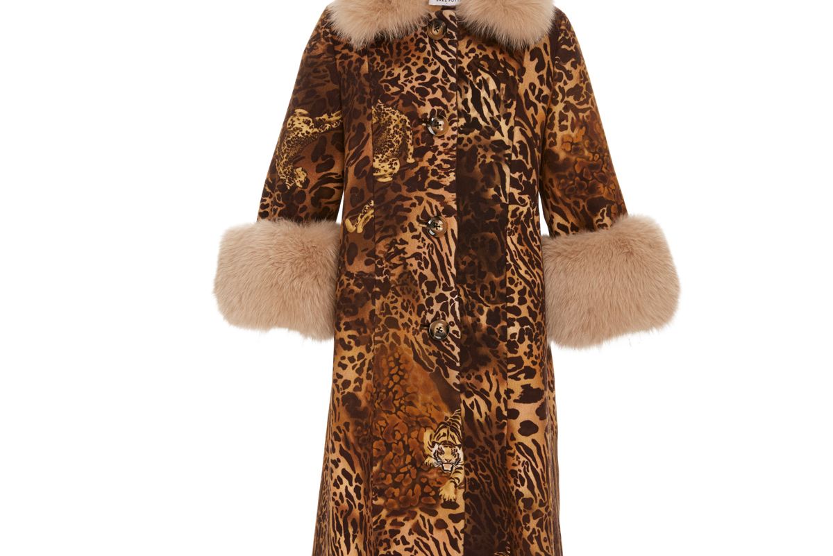 saks potts yvonne animal print fur trimmed wool coat