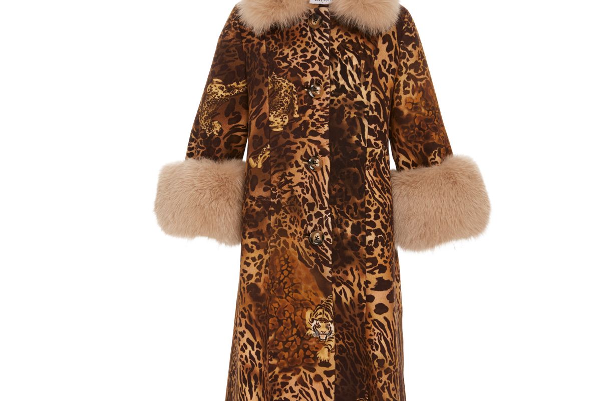 saks potts yvonne animal print fur trimmed wool coat