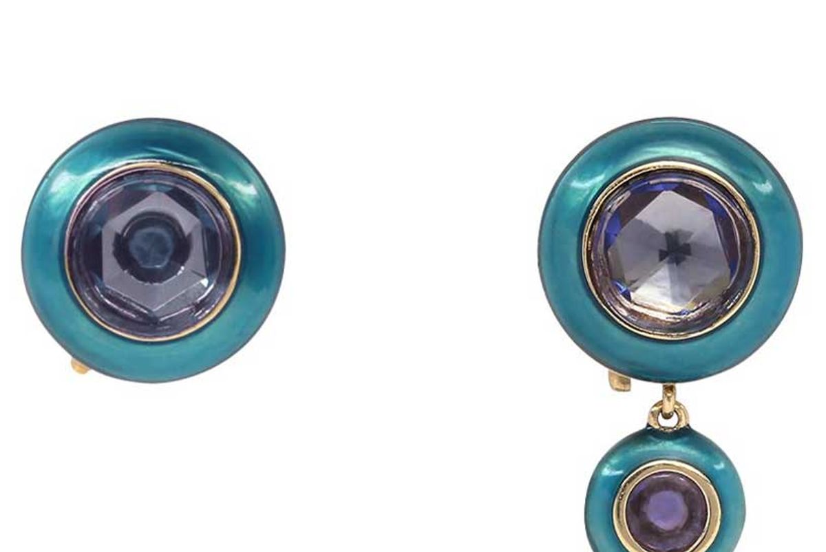 santo yellow gold hidden gem earrings with turquoise enamel and tanzanite