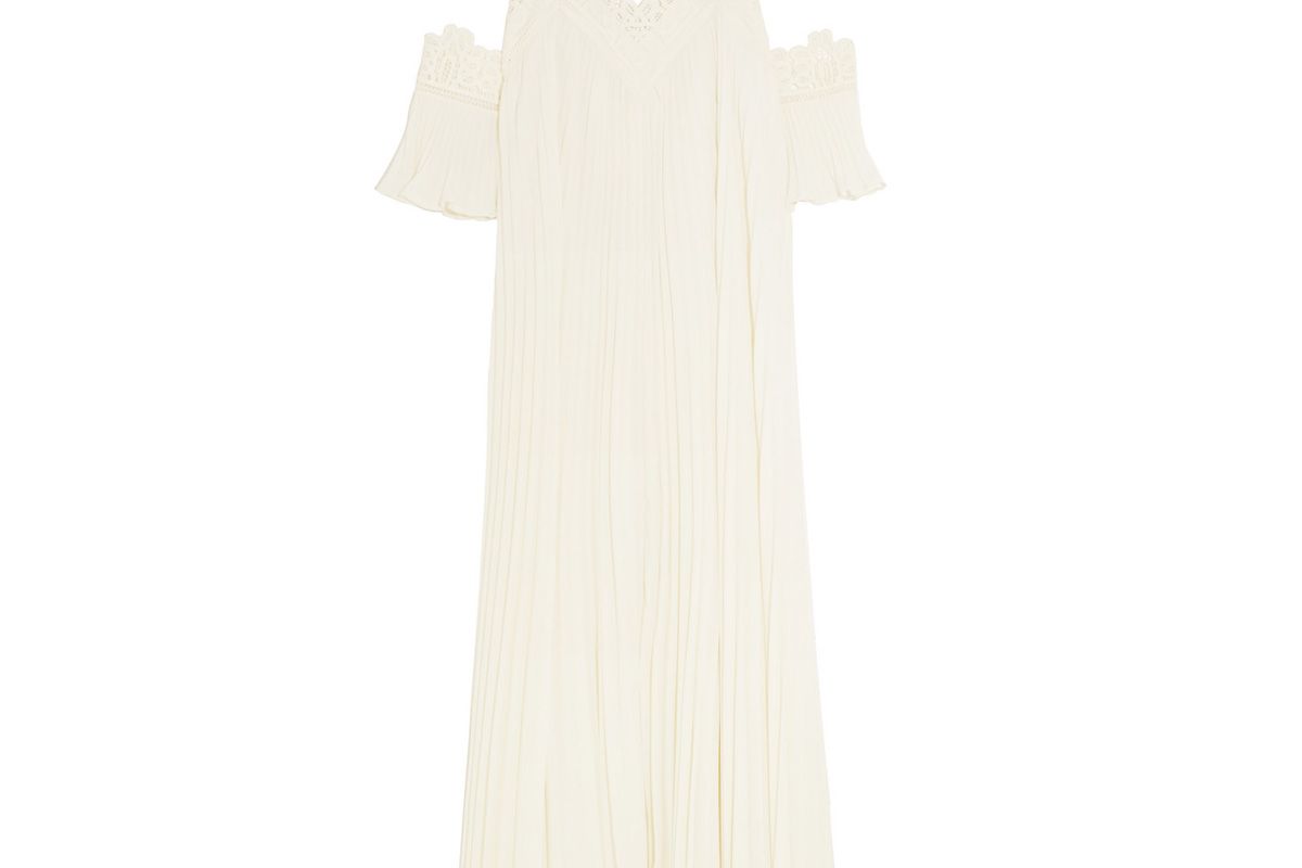 self portrait off the shoulder pleated guipure lace trimmed chiffon gown