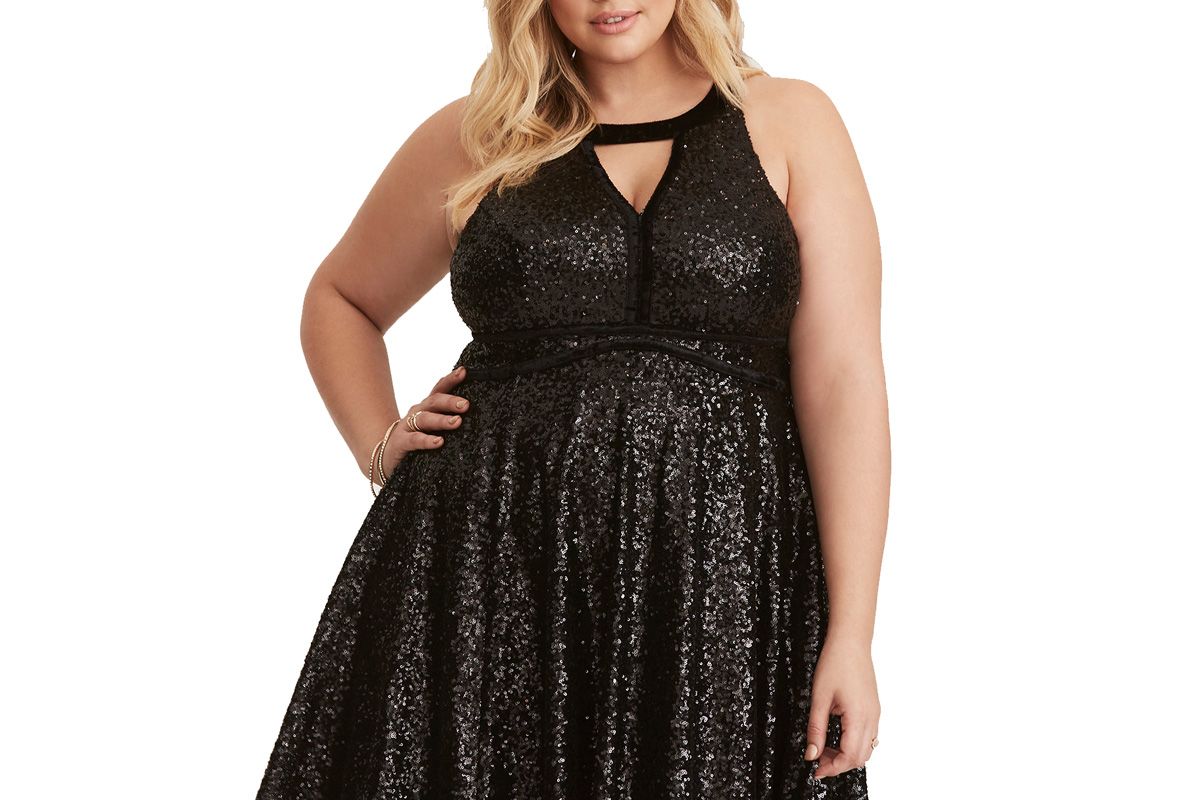 Black Sequin Halter Neck Velvet Detail Babydoll Dress