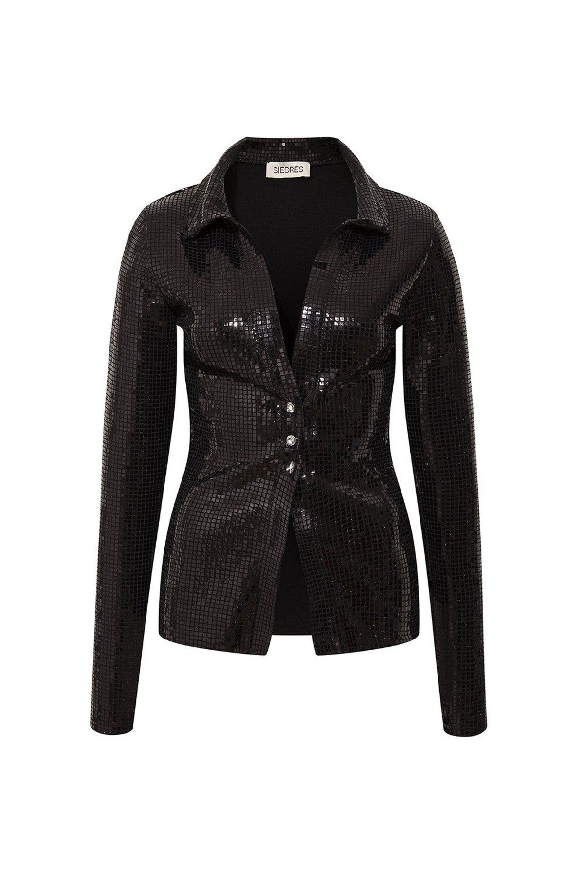 siedres issa black fitted sequined shirt