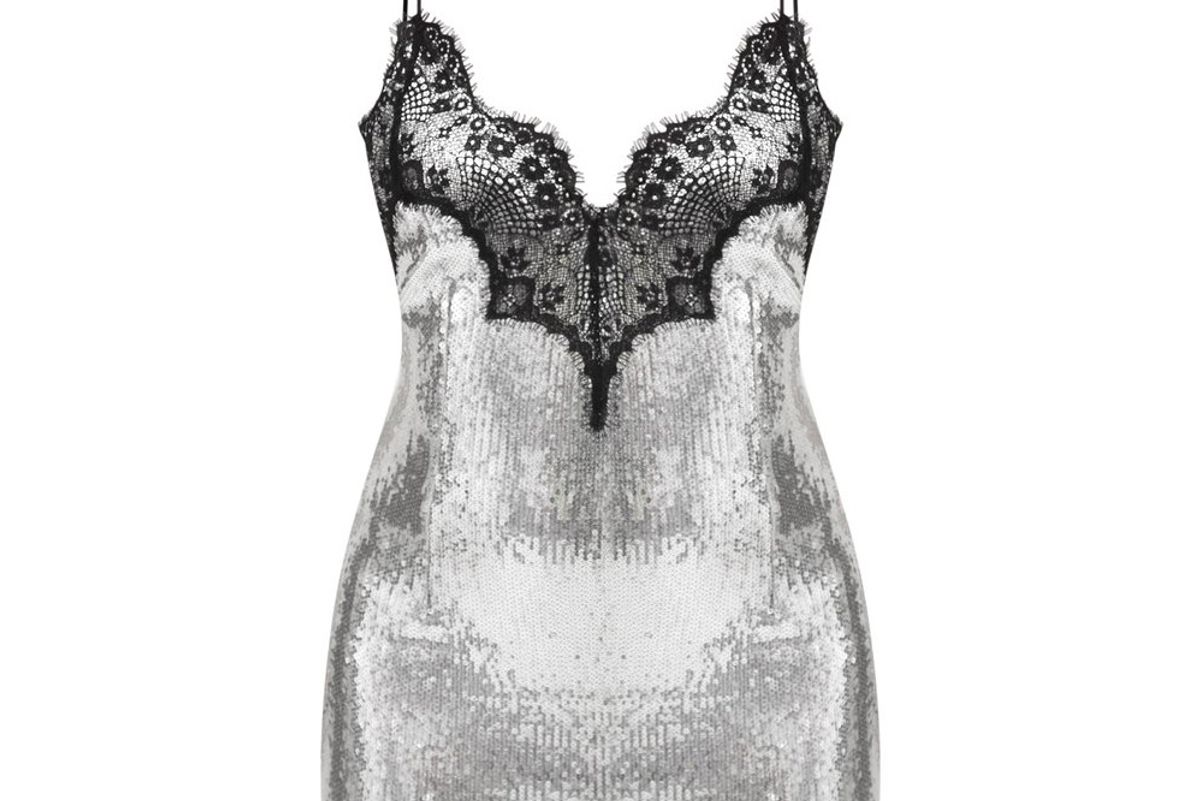 Silver Sequin Lace Trim Bodycon Dress
