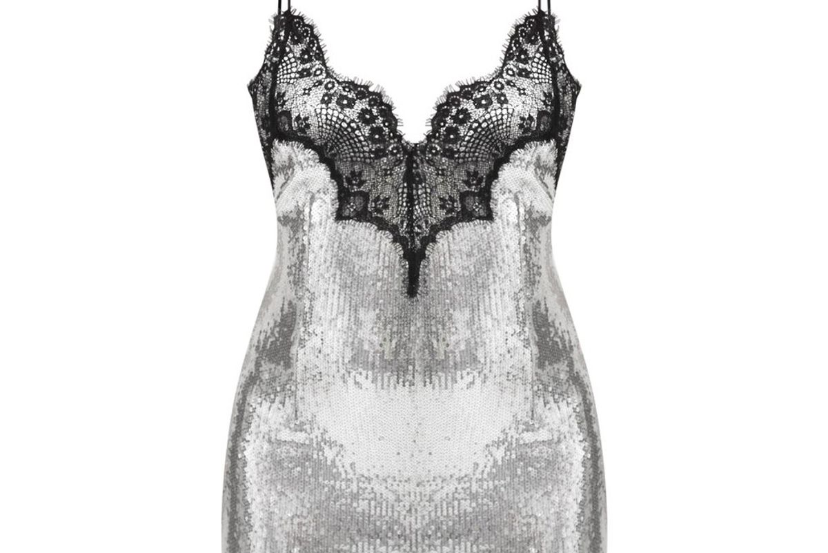 Silver Sequin Lace Trim Bodycon Dress