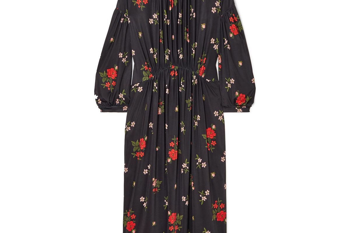 simone rocha gathered floral print satin jersey midi dress