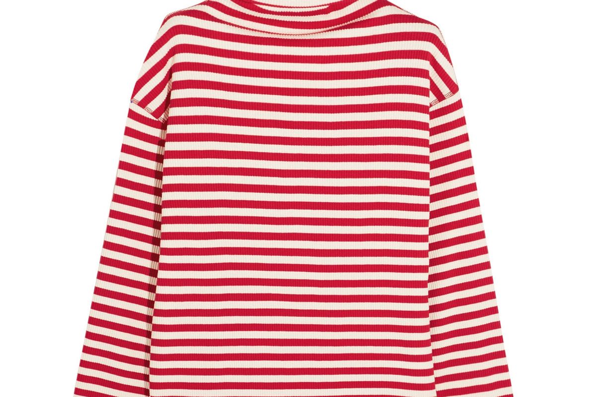 Embroidered Ribbed Striped Cotton-Blend Turtleneck Sweater