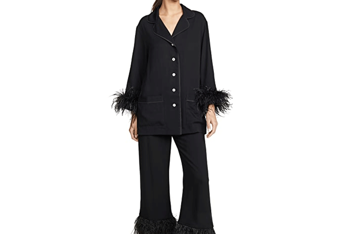 sleeper black tie pj set with feathers