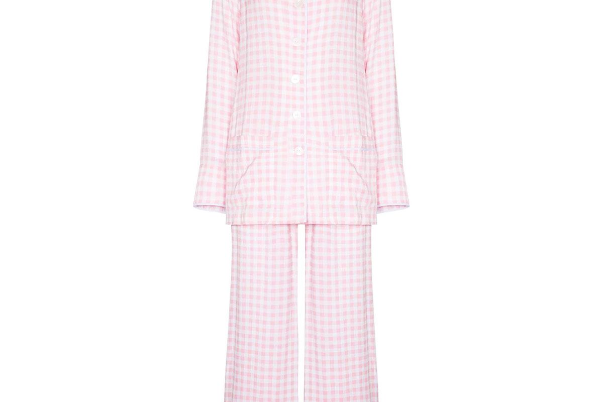 sleeper feather trim gingham pajama set