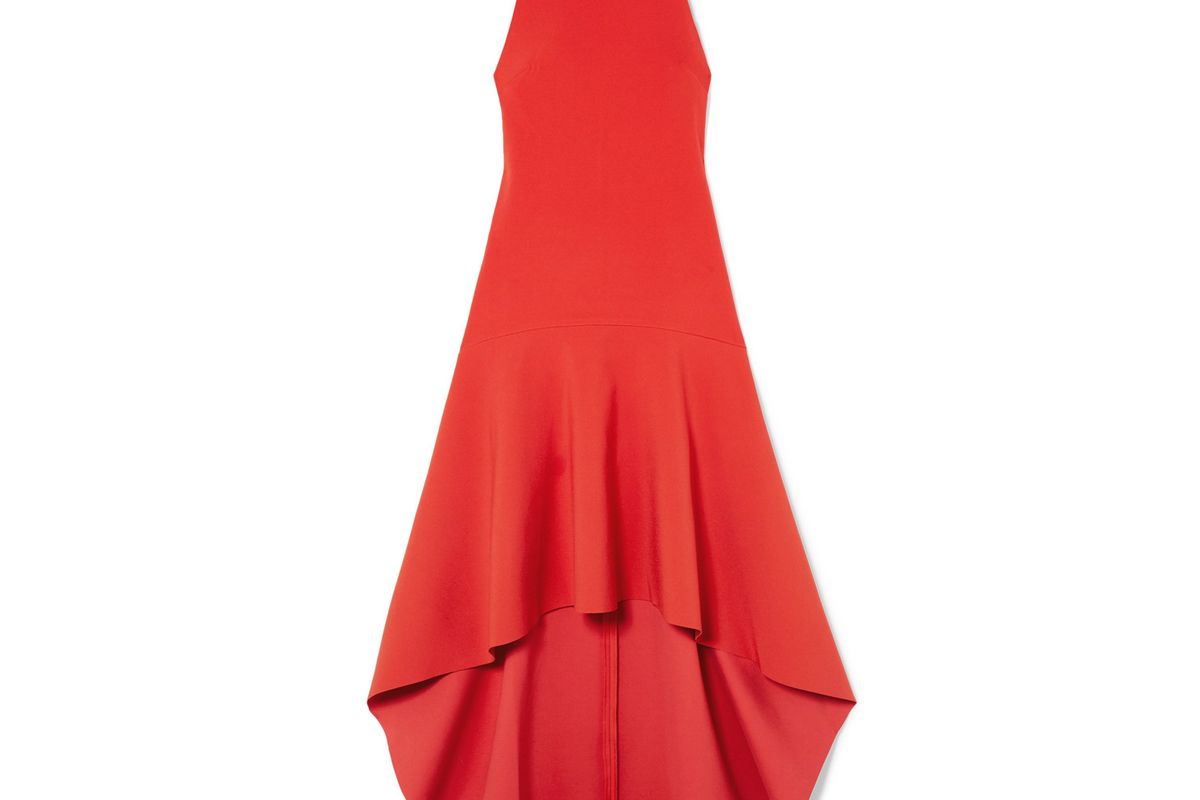 solace london bahar asymmetric ruffled crepe midi dress