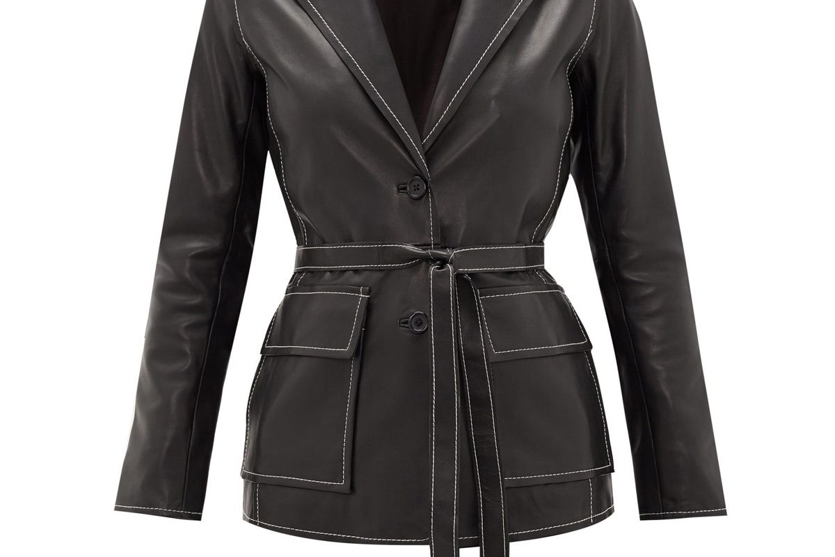 stand studio ariana belted topstitched leather jacket
