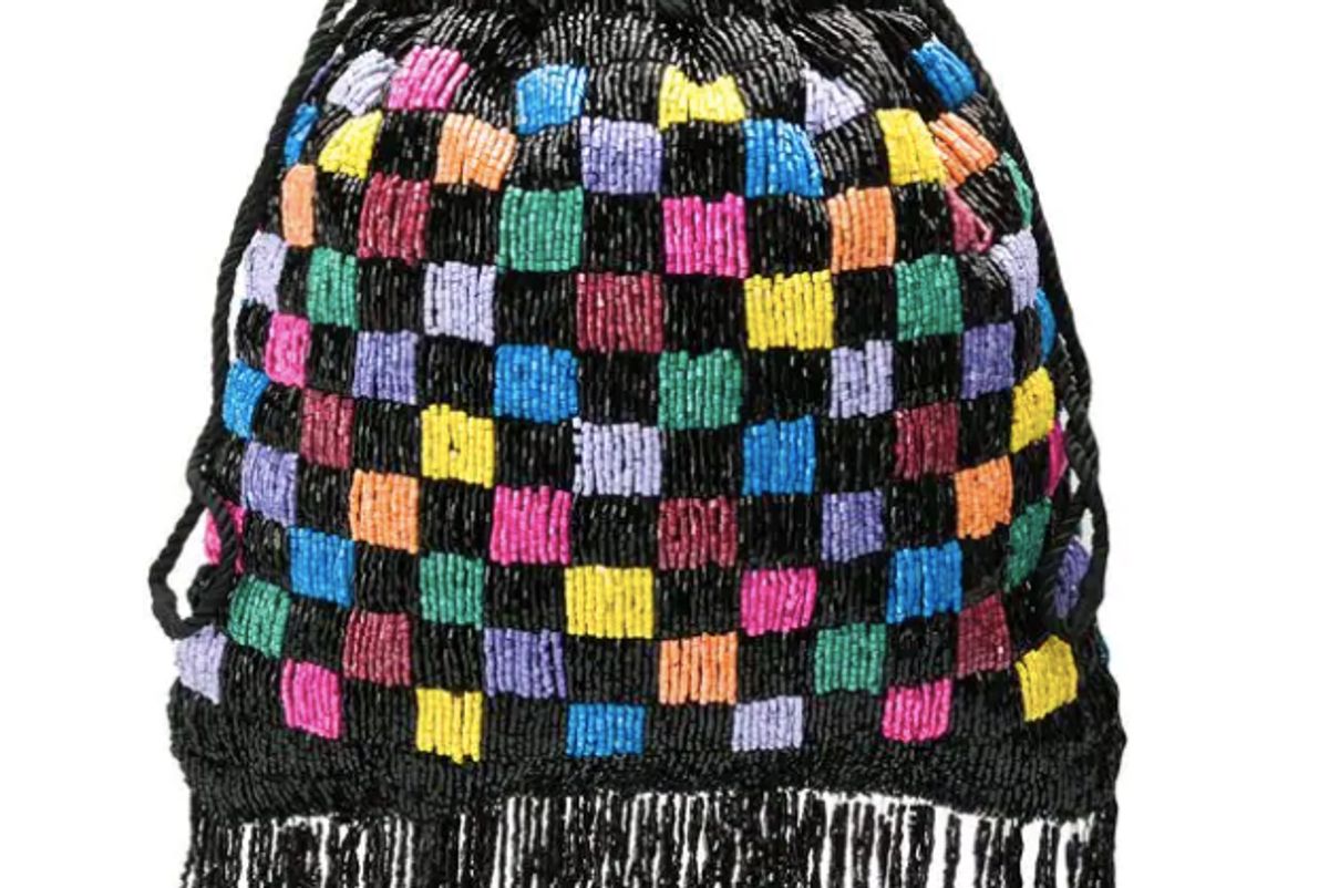 staud beaded check drawstring bag