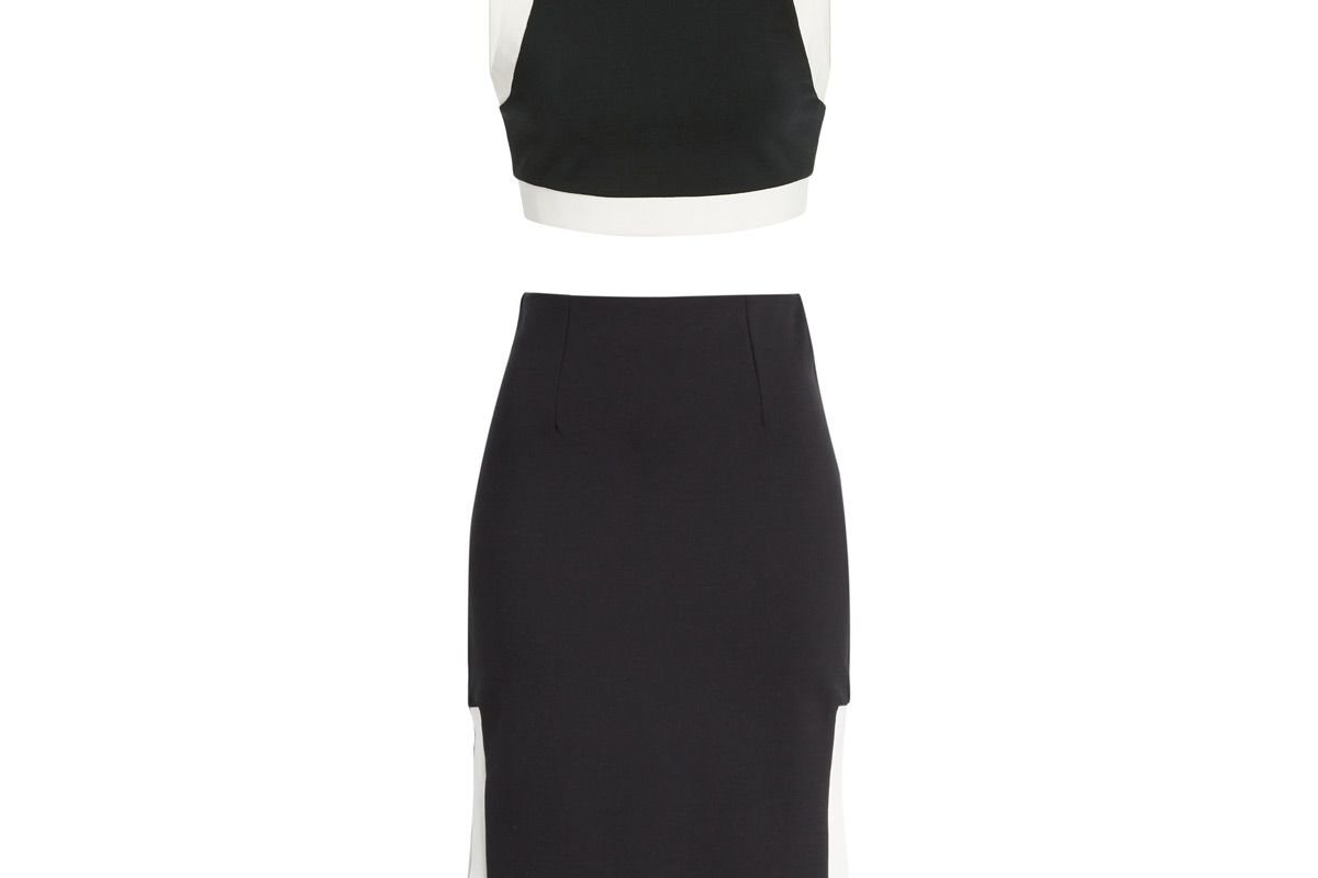 staud yin cropped two tone stretch knit top and staud yang ponte skirt