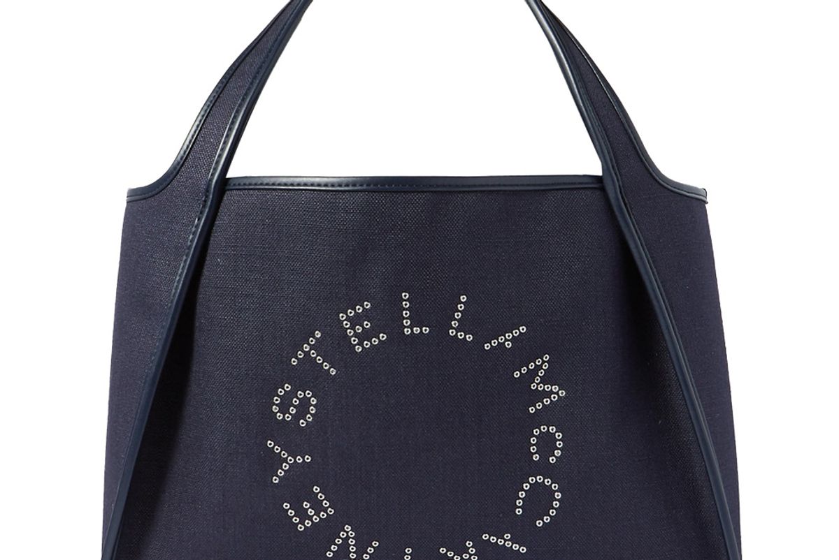 stella mccartney eyelet embellished vegetarian leather trimmed linen canvas tote