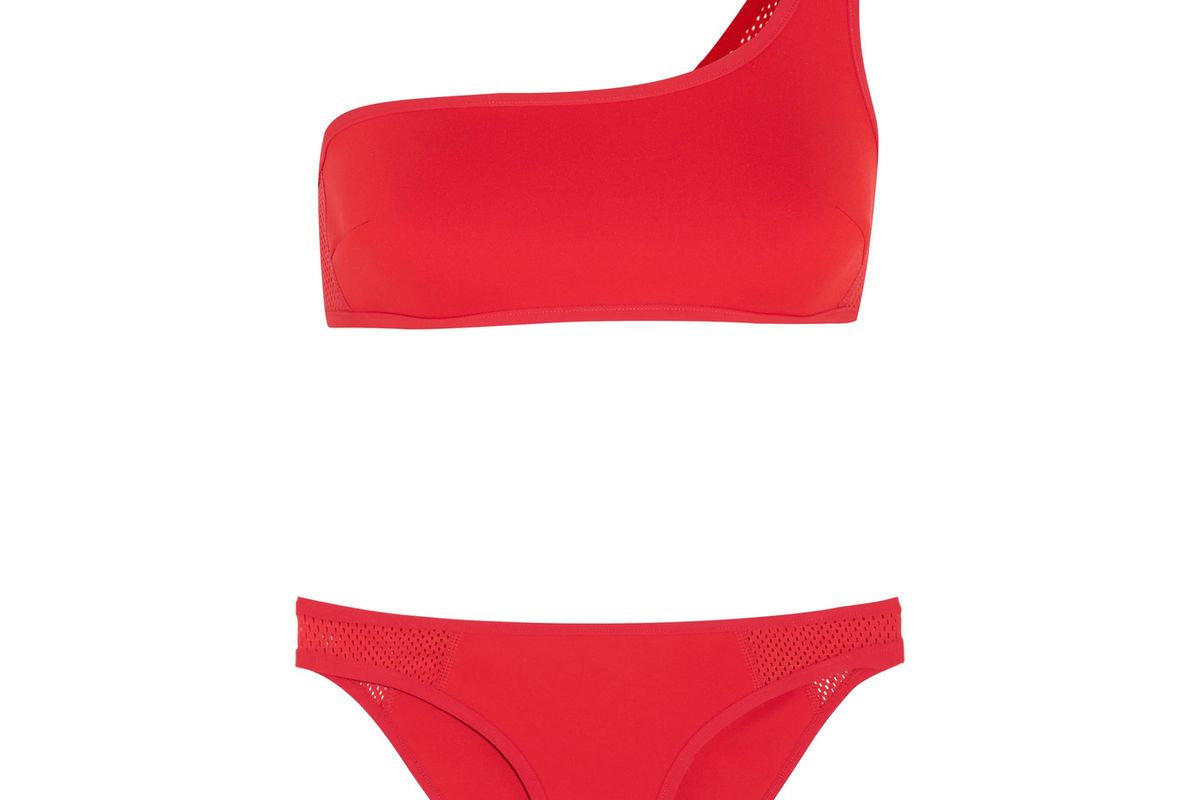 One-Shoulder Neoprene and Mesh Bikini