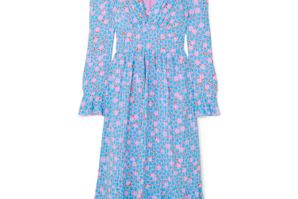 stine goya freesia ruffled printed crepe midi dress