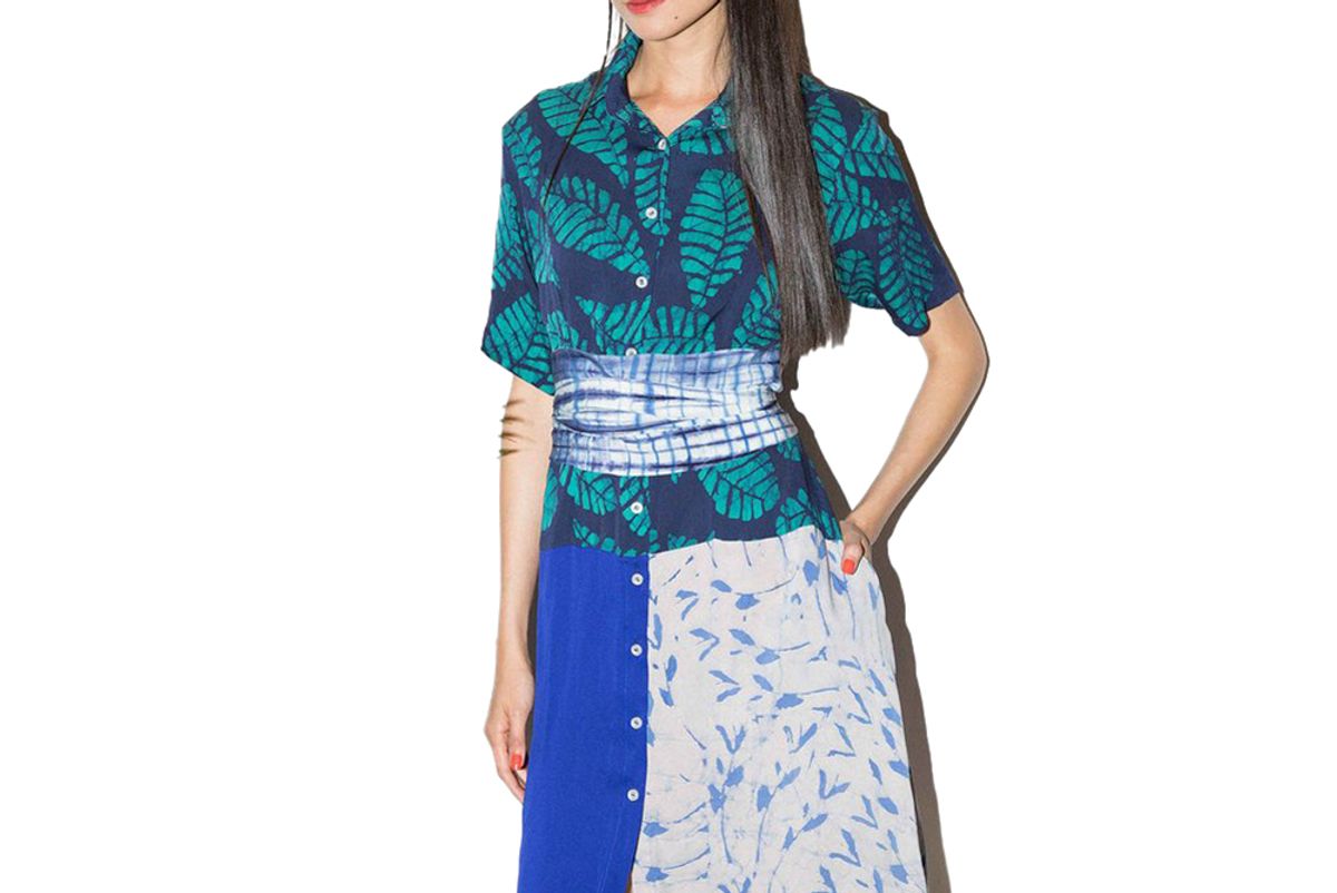 studio 189 navy green leaf block print hand batik silk midi shirt dress