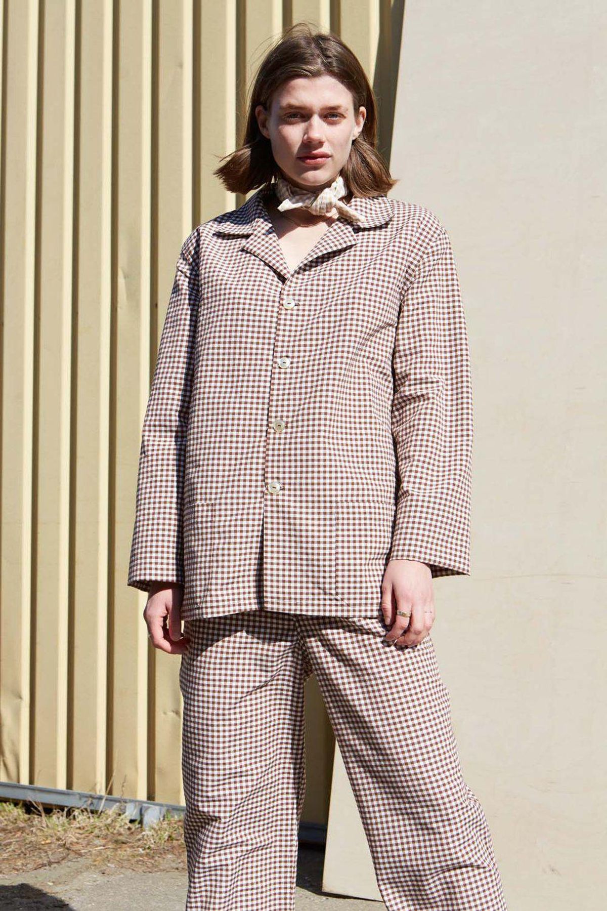 studio travel checked unisex brown pyjamas blazer