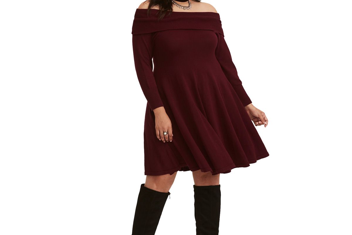Merlot Red Knit Off Shoulder Sweater Dress