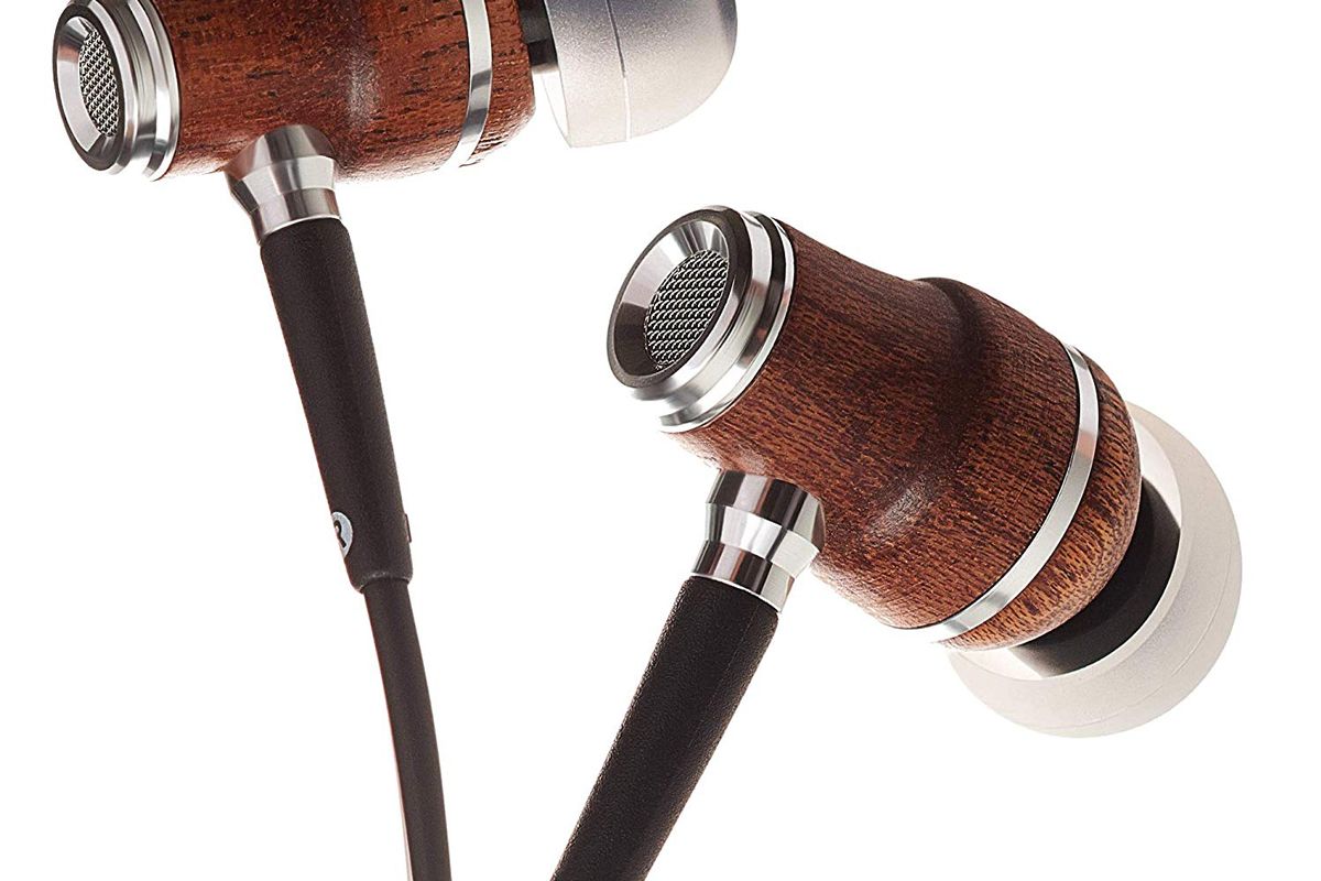 symphonized nrg x sapele wood earbuds ergonomic design in ear noise isolating headphones earphones with angle fit ear tips in line microphone and volume control stereo earphones