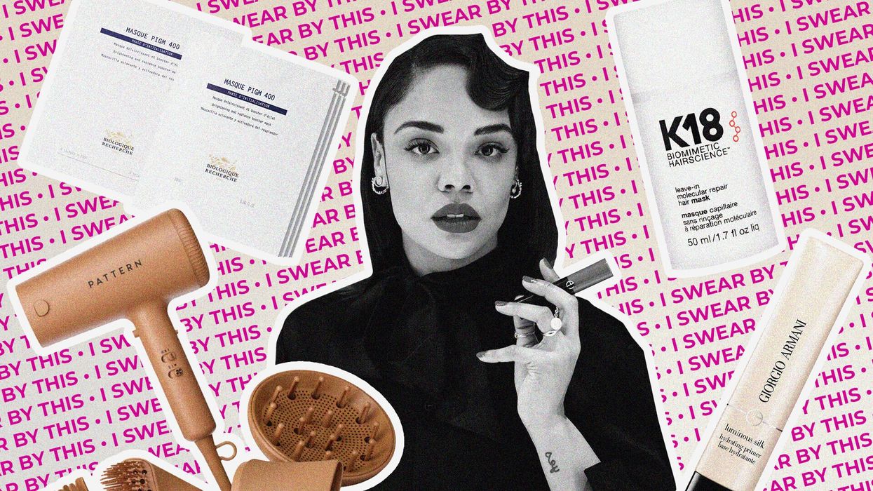 Tessa Thompson and a Collage of Her Favorite Beauty Products