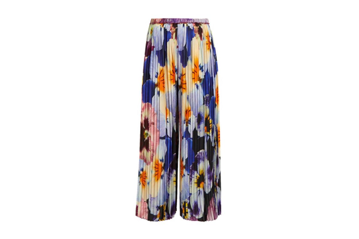 Pansy-Print Pleated Silk Cropped Trousers