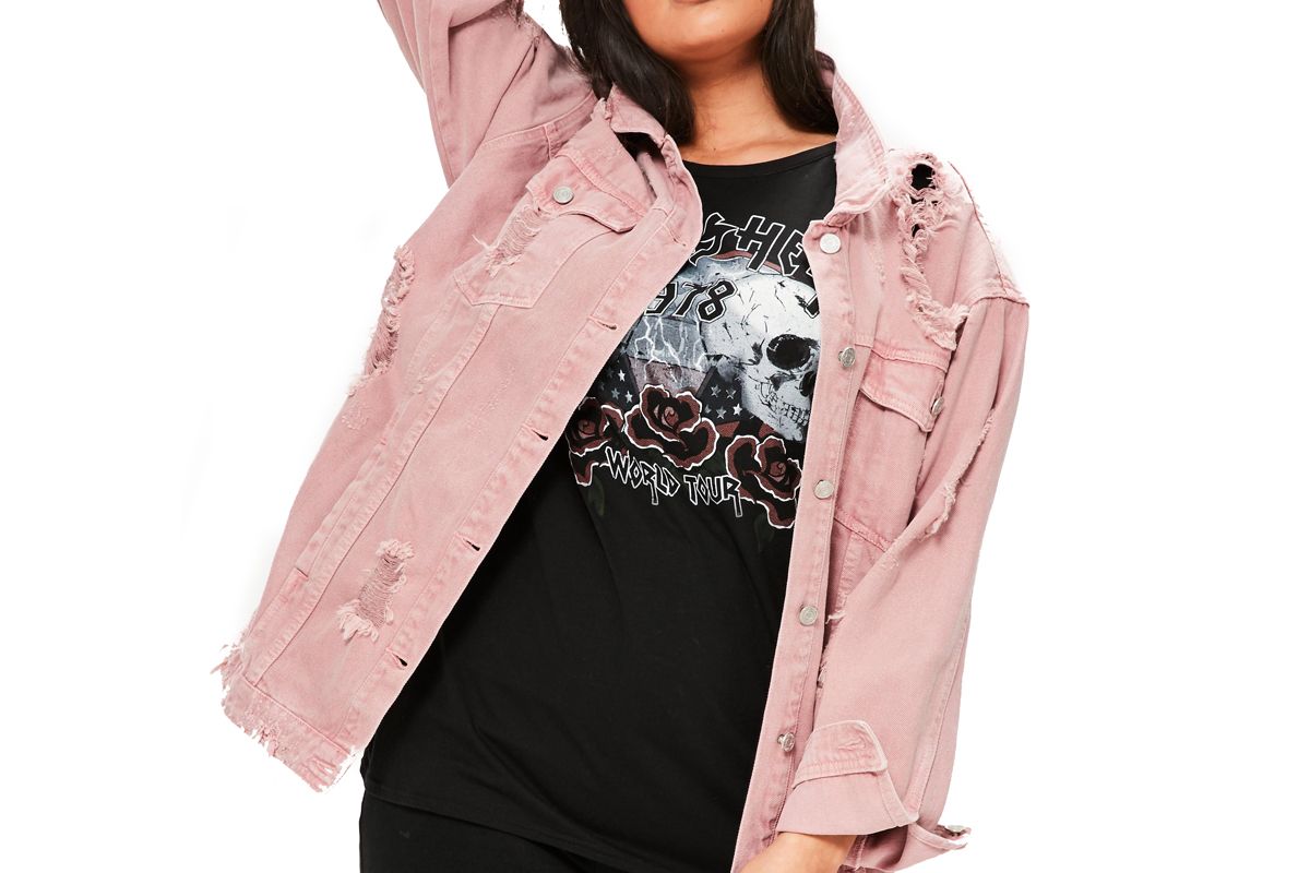 Curve Pink Distressed Denim Jacket