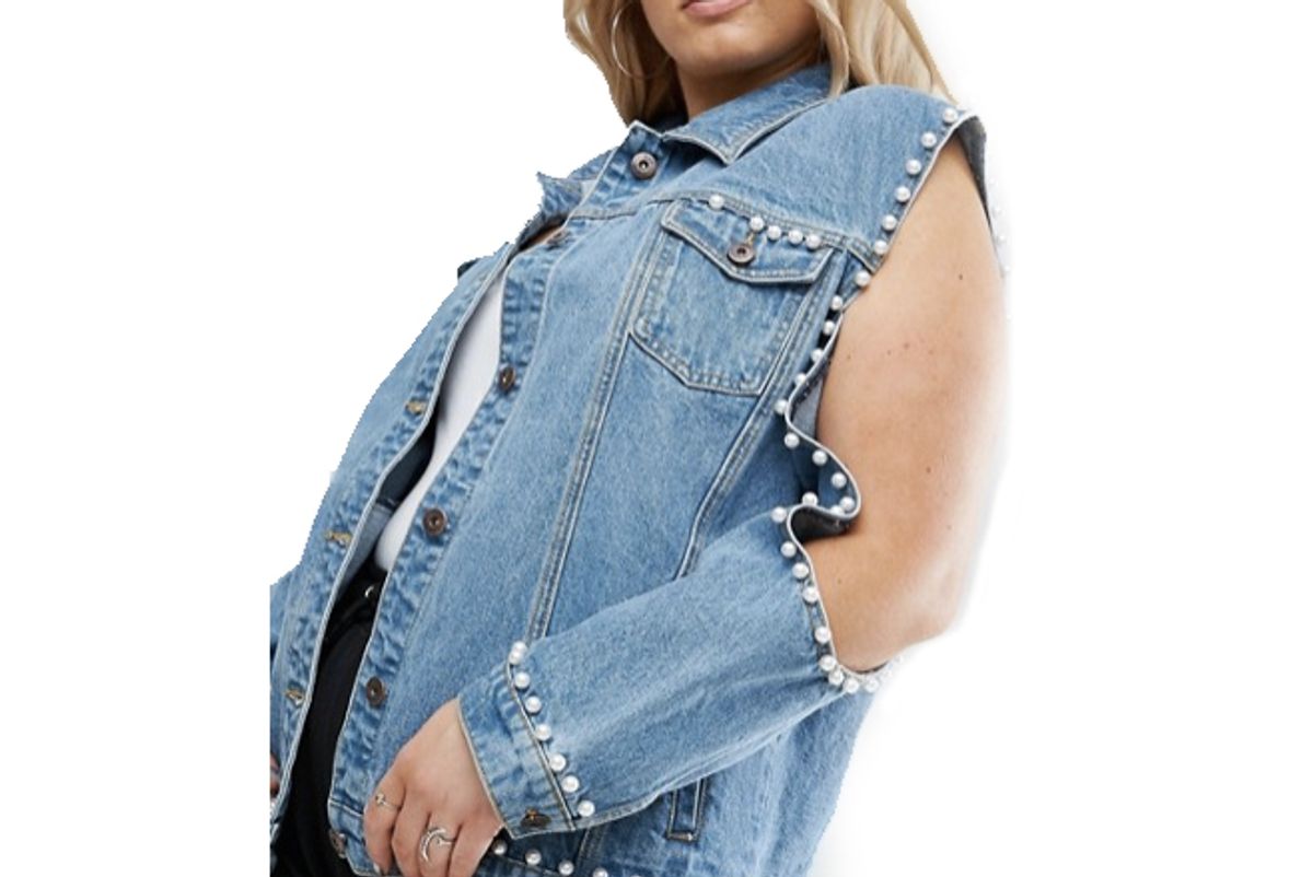 Denim Jacket with Exposed Shoulders and Pearl Detail