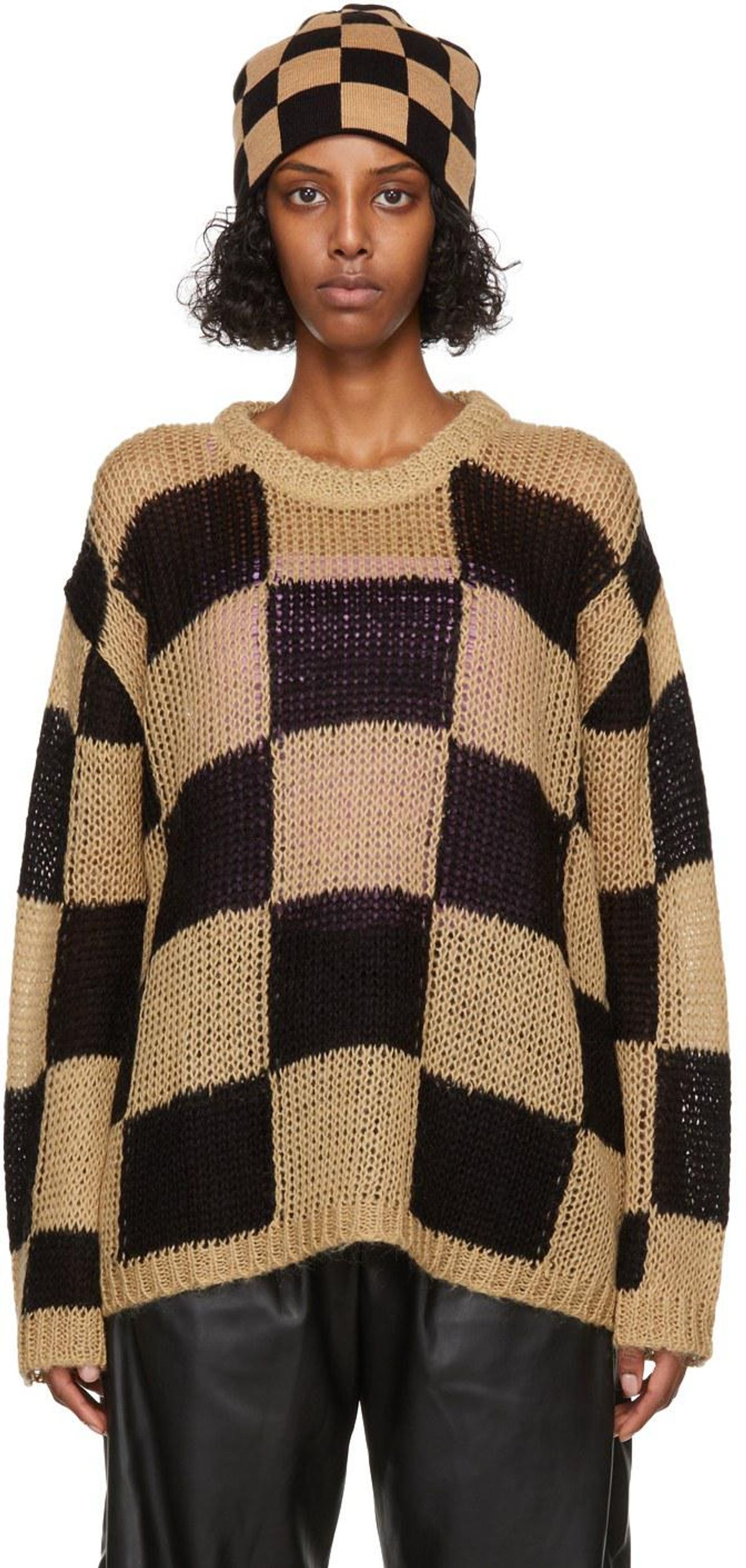 theopen product beige and black chessboard check sweater