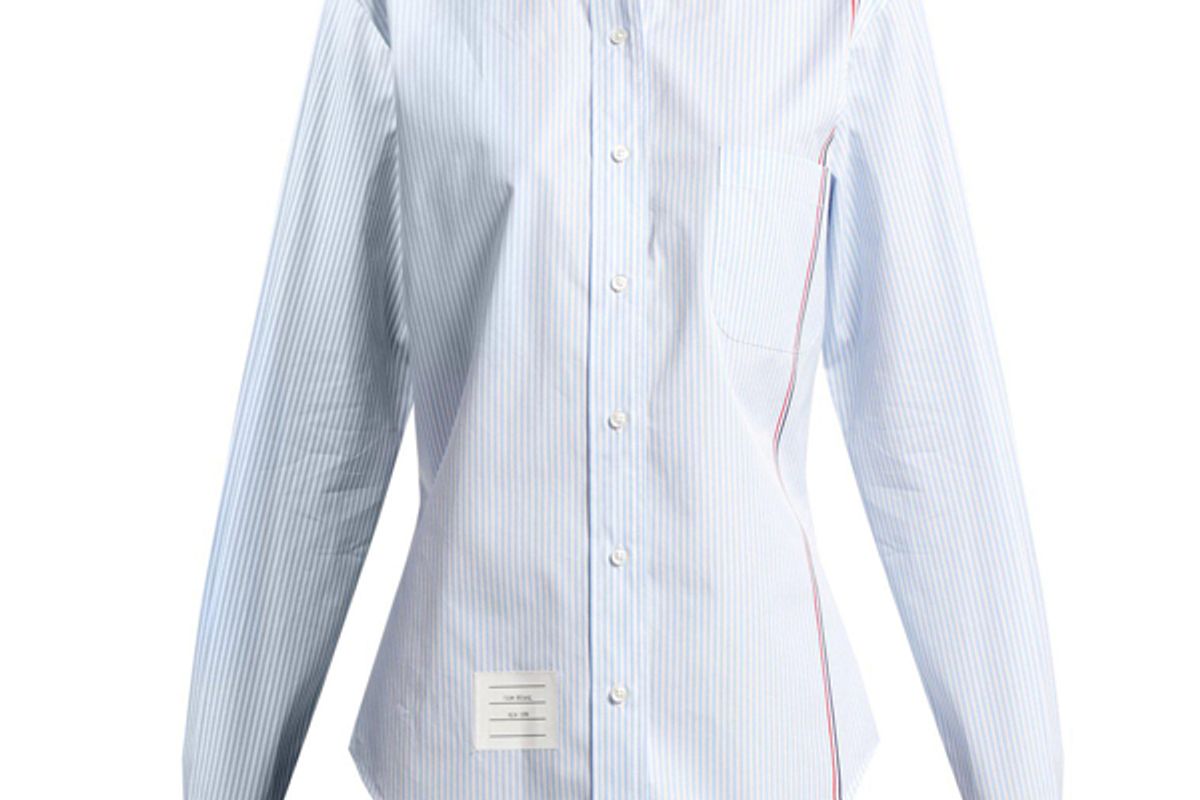 thom browne blue stripe button down striped cotton poplin shirt