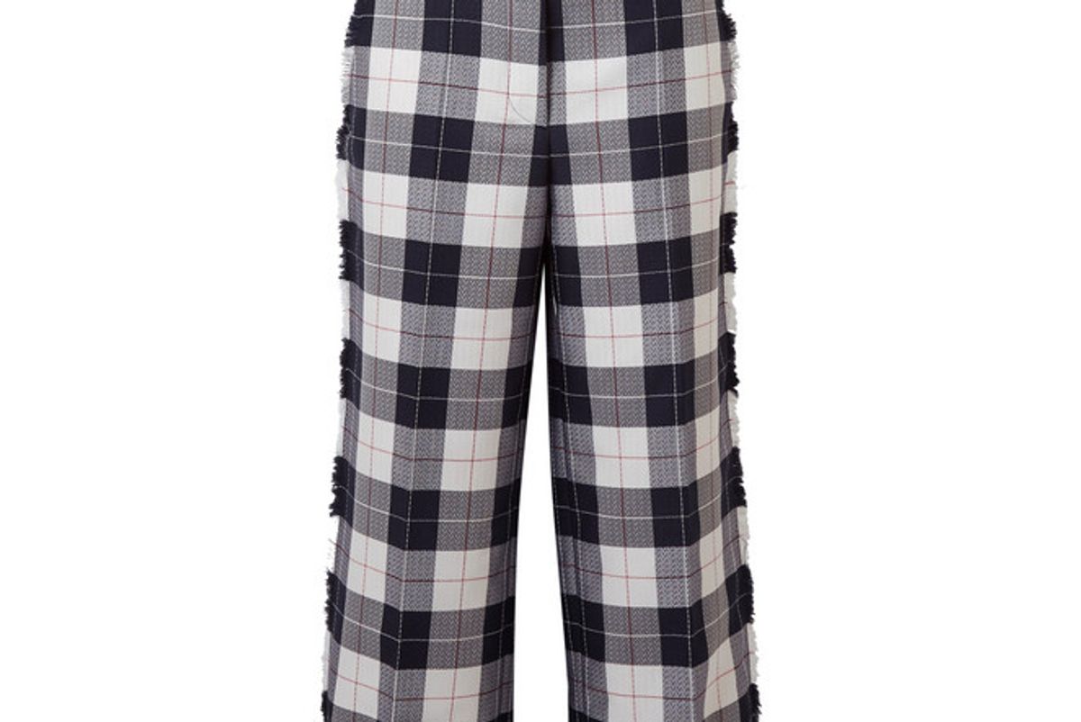 thom browne cropped frayed checked wool blend pants