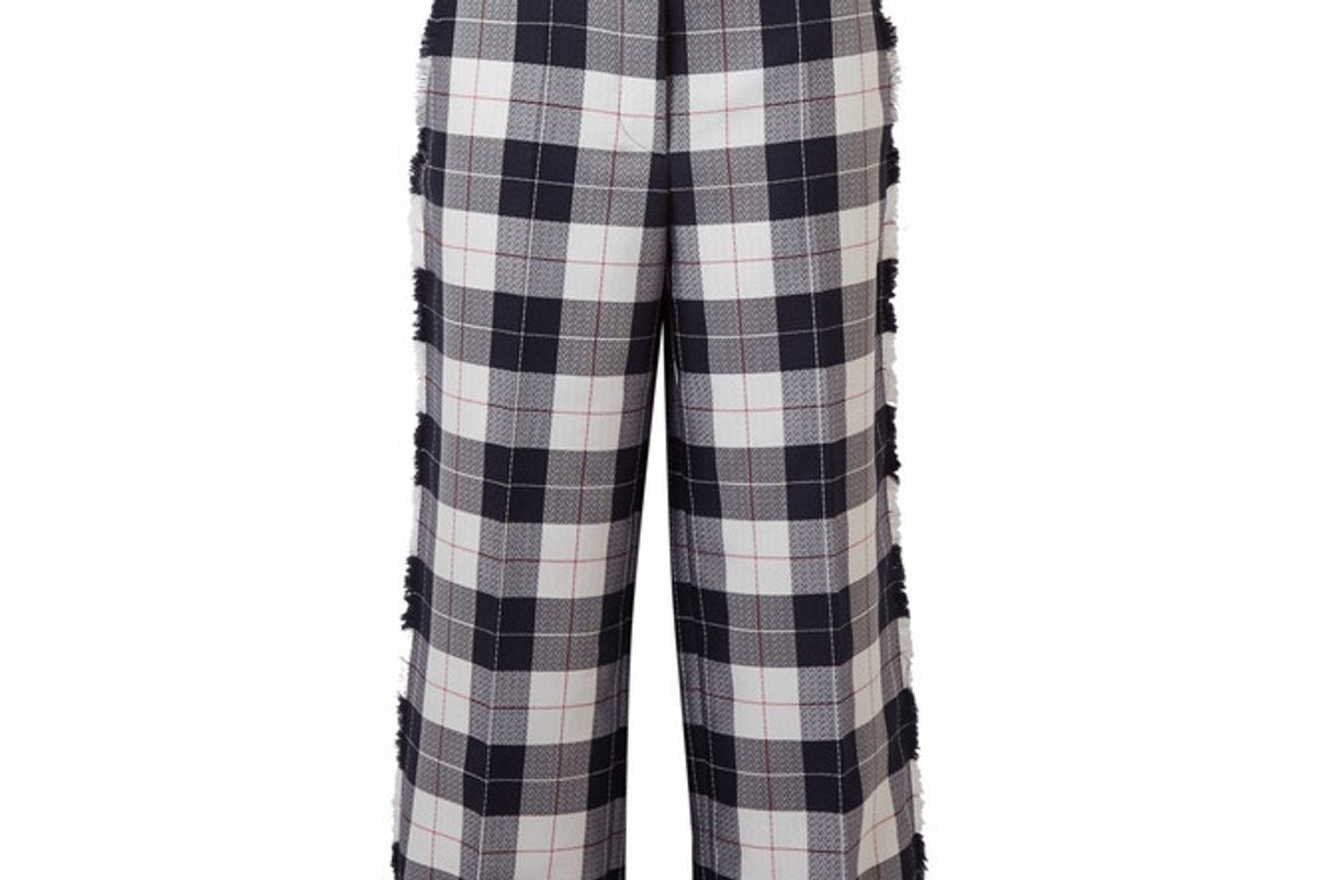 thom browne cropped frayed checked wool blend pants